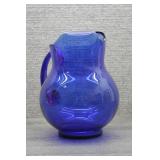 Vtg Cobalt Blue Hand Blown Glass Pitcher