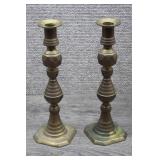 Pair of Vtg Brass Hex Base Candlestick Holders