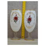 Pair of Vtg Milk Glass Gold Rim Rose Vases
