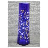 Vtg Cobalt Blue Glass Hand Painted Cylinder Vase
