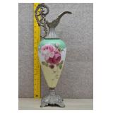 Vtg Hand Painted Victorian Ewer w/Pink & Red Roses