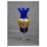 Vtg Venetian Cobalt Blue Glass Gold Floral Vase
