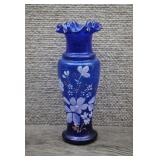 Vtg Cobalt Blue Ruffled Glass Flower Vase Painted