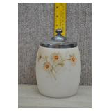 Antique Painted Milk Glass Biscuit Jar Metal Lid