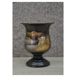 Vtg Japanese Metal Bud Vase w/Mount Fuji & Temple