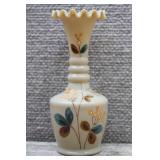 Vtg Beige Milk Glass Vase w/ Hand Painted Flowers