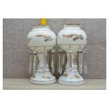 Vtg Mantel Lusters Milk Glass w/Gold Leaf Designs