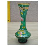 Vtg Bohemian Green Glass Gold Painted Bud Vase