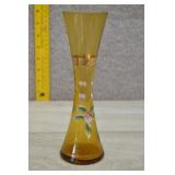 Vtg Bohemian Amber Glass Gold Painted Bud Vase
