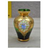 Vtg Bohemian Green Gold Enameled Small Vase