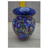 Vtg Murano Cobalt Blue Millefiori Glass Vase