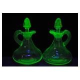 Two Antique 1930s Uranium Glass Cruet Dispensers