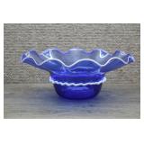 Vtg Cobalt Blue Ruffled Glass Bowl White Rim