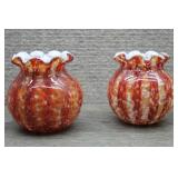 2 Vtg Murano Style Orange Spatter Rose Bowls