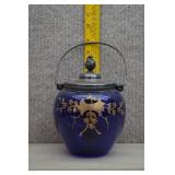 Antique Cobalt Blue Gold Floral Glass Biscuit Jar