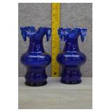 Pair of Vtg Cobalt Blue Glass Ruffled Vase
