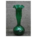 Tall Bohemian Green Glass Vase w/Ruffled Rim