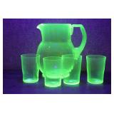 Vtg Uranium Glass Ribbed Water Pitcher 4 Tumblers