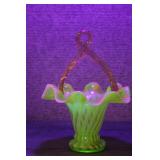 Vtg Fenton Vaseline Topaz Opalescent Ribbed Basket