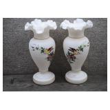 Two Vtg Hand Painted Bristol Art Glass Vases