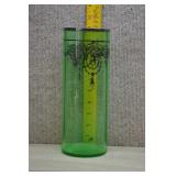 Vtg Cylindrical Green Glass Vase w/Silver Etching