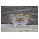 Vtg 4' Footed Bowl w/ Red & Gold Grape Vine Design