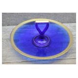 Vtg Cobalt Glass Serving Dish w/ Gold Painted Rim
