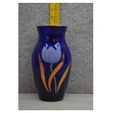 Vtg Cobalt Blue Glass Tulip Vase Gold Leaves
