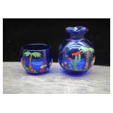 Vtg Cobalt Blue Hand-Blown Glass Vase & Tumbler