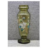 Vtg Olive Green Vase w/ Hand Painted Floral Design