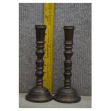 2 Antique Heavy Patina Brass Baluster Candlesticks