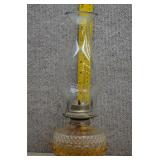 Vtg Amber Diamond Point Glass Oil Lamp w/ Chimney