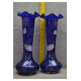 Pair of Vtg Painted Cobalt Blue Glass Vases