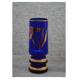 Bohemian Cobalt Blue Glass Gold Iris Flower Vase