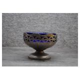 Vtg Cobalt Blue Glass Pierced Metal Compote Bowl