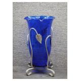 Cobalt Blue Glass Ruffled Vase Wrought Stand