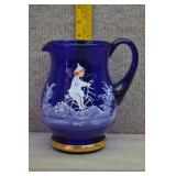 Cobalt Blue Glass Pitcher-Mary Gregory Style