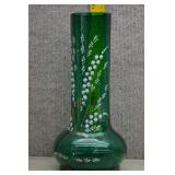 Tall Emerald Green Glass Vase-Hand Painted Lily