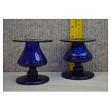 2 Art Glass Handblown Cobalt Blue Candle Holders