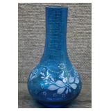 Vtg Blue Hand Painted White Enamel Flower Vase