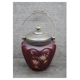 Pittsburgh Lamp Co Antiq Red Satin Biscuit Jar.