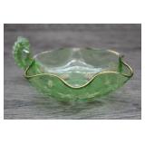 Vtg Green Glass Nappy Dish with Gold Trim