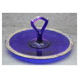 Vtg Cobalt Blue Center Handle Tidbit Tray Gold Rim