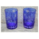 2 Vtg Edo Kiriko Cobalt Blue Cut Clear Tumblers