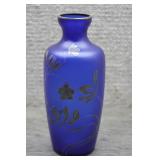 Vtg Cobalt Blue Satin Glass Silver Overlay Vase