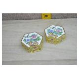 2 Hexagon Chinese Enameled Metal Trinket Box