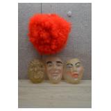 Vtg Sheer Halloween Masks, & Red Afro Wig