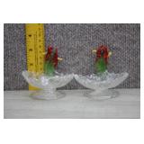 Vtg Glass Ruffled Pedestal Bowls w/Red Flower