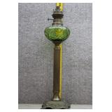 Vtg Pedestal Oil Lamp Green Reservoir & Brass Base