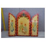 Vtg Hand-Painted Wooden Triptych Nativity Scene